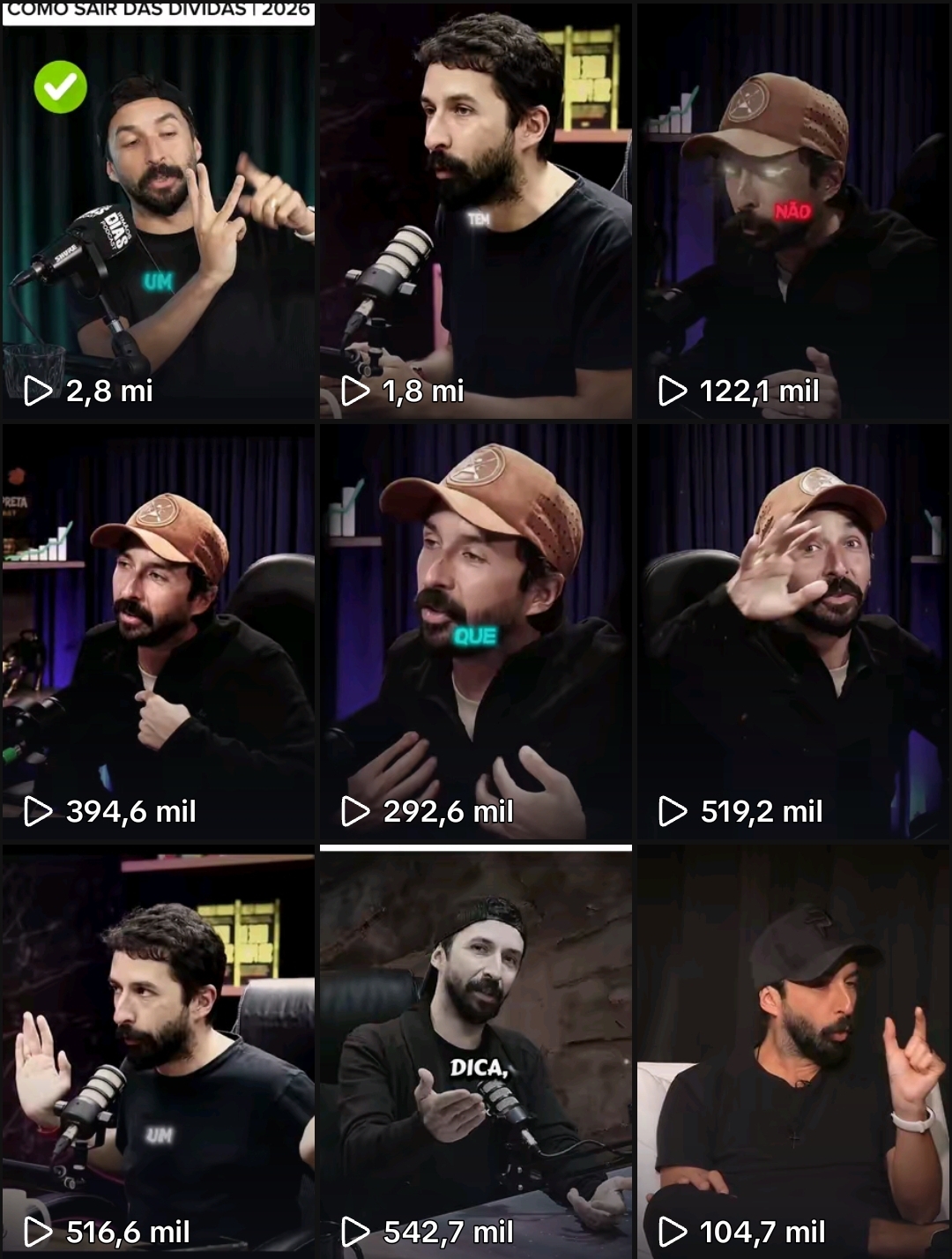 Grid de vídeos virais no TikTok com milhões de visualizações