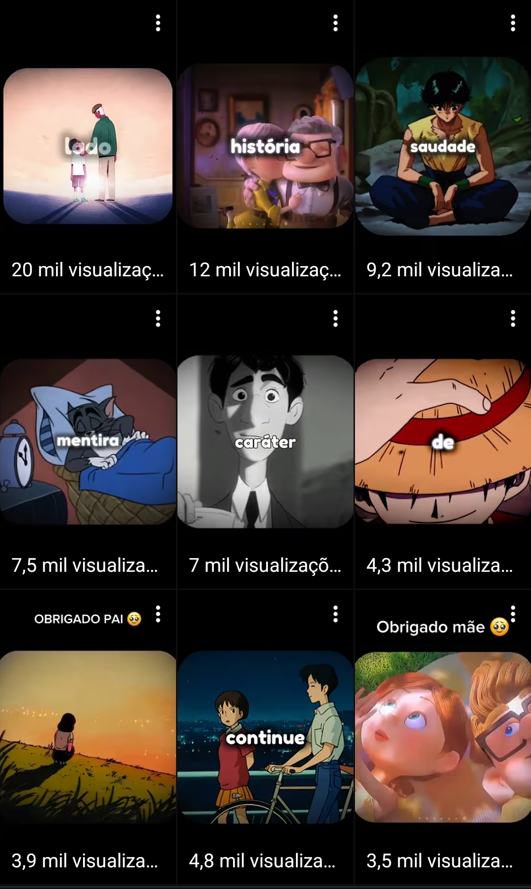 Grid de Shorts de reflexão com milhares de visualizações